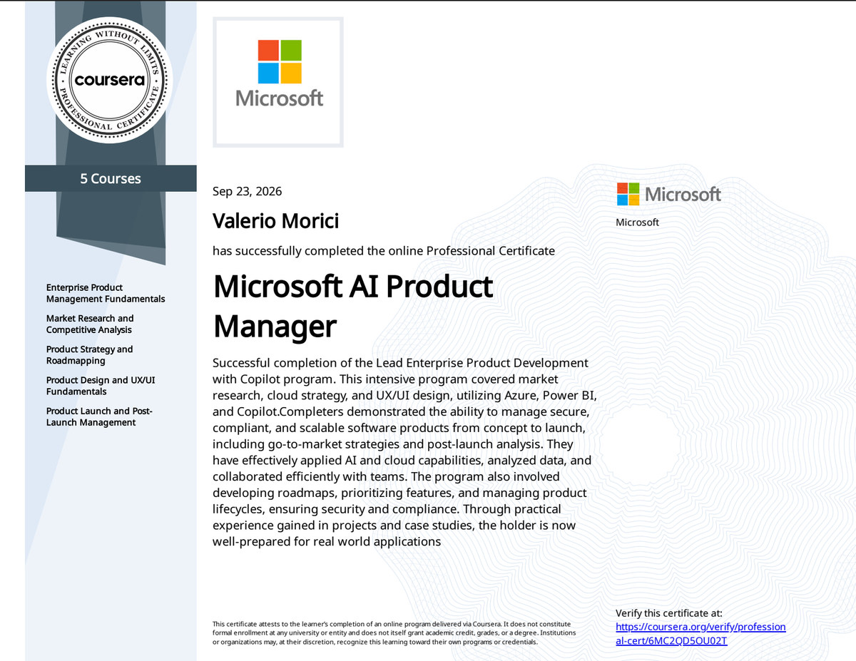 Certificato Coursera: Microsoft AI Product Manager Professional Certificate rilasciato a Valerio Morici.