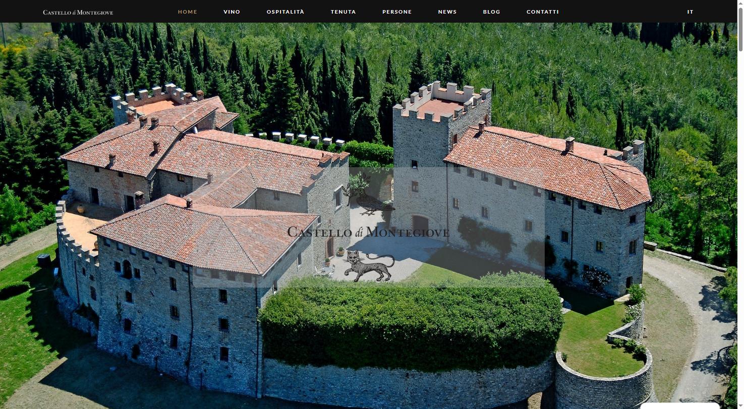 Home del Castello di Montegiove: il castello ripreso dall'alto fra i cipressi, con il logotipo sovrapposto al centro.