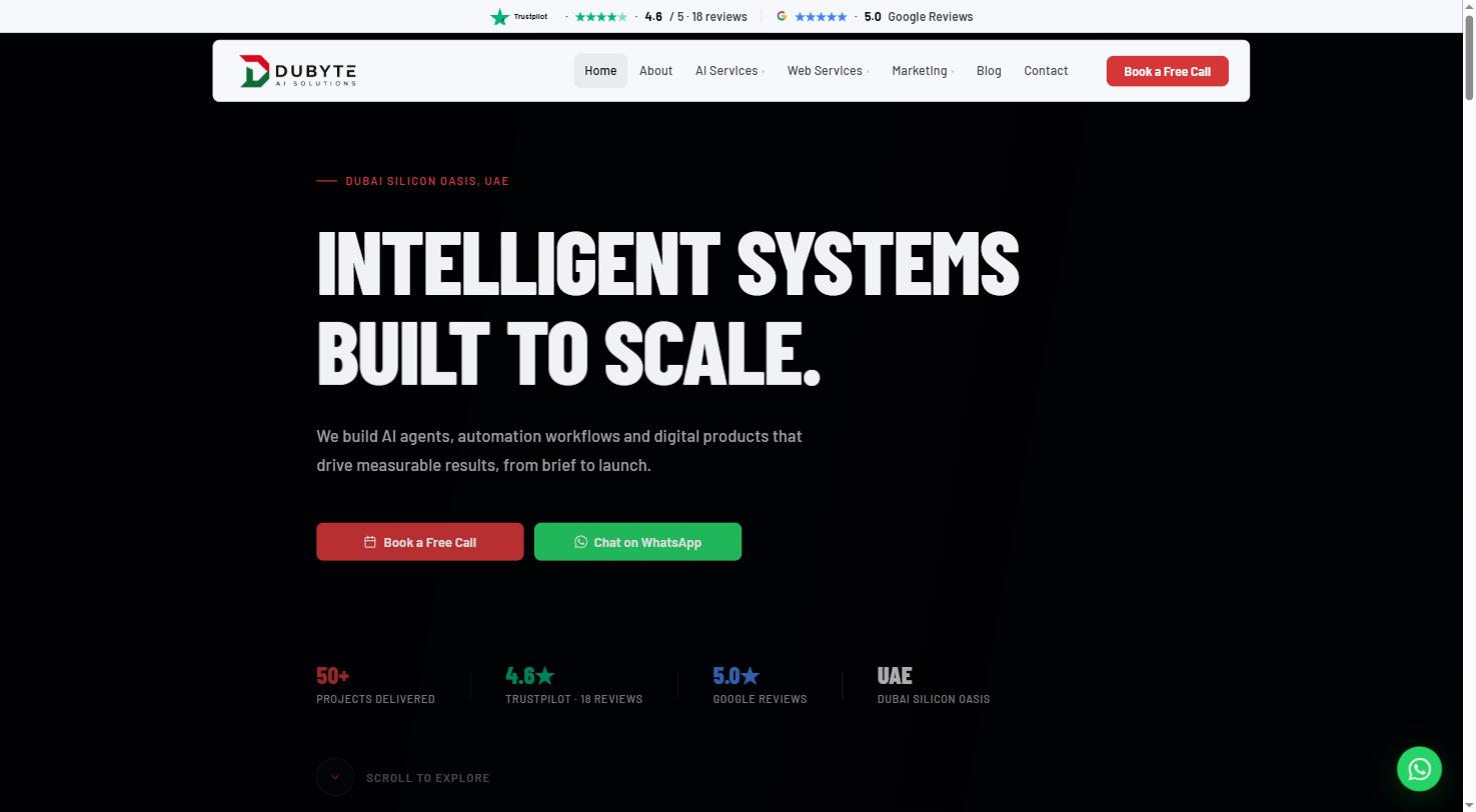 Home di Dubyte: titolo bianco «Intelligent systems built to scale» su fondo nero, con i pulsanti di contatto e i dati di valutazione.