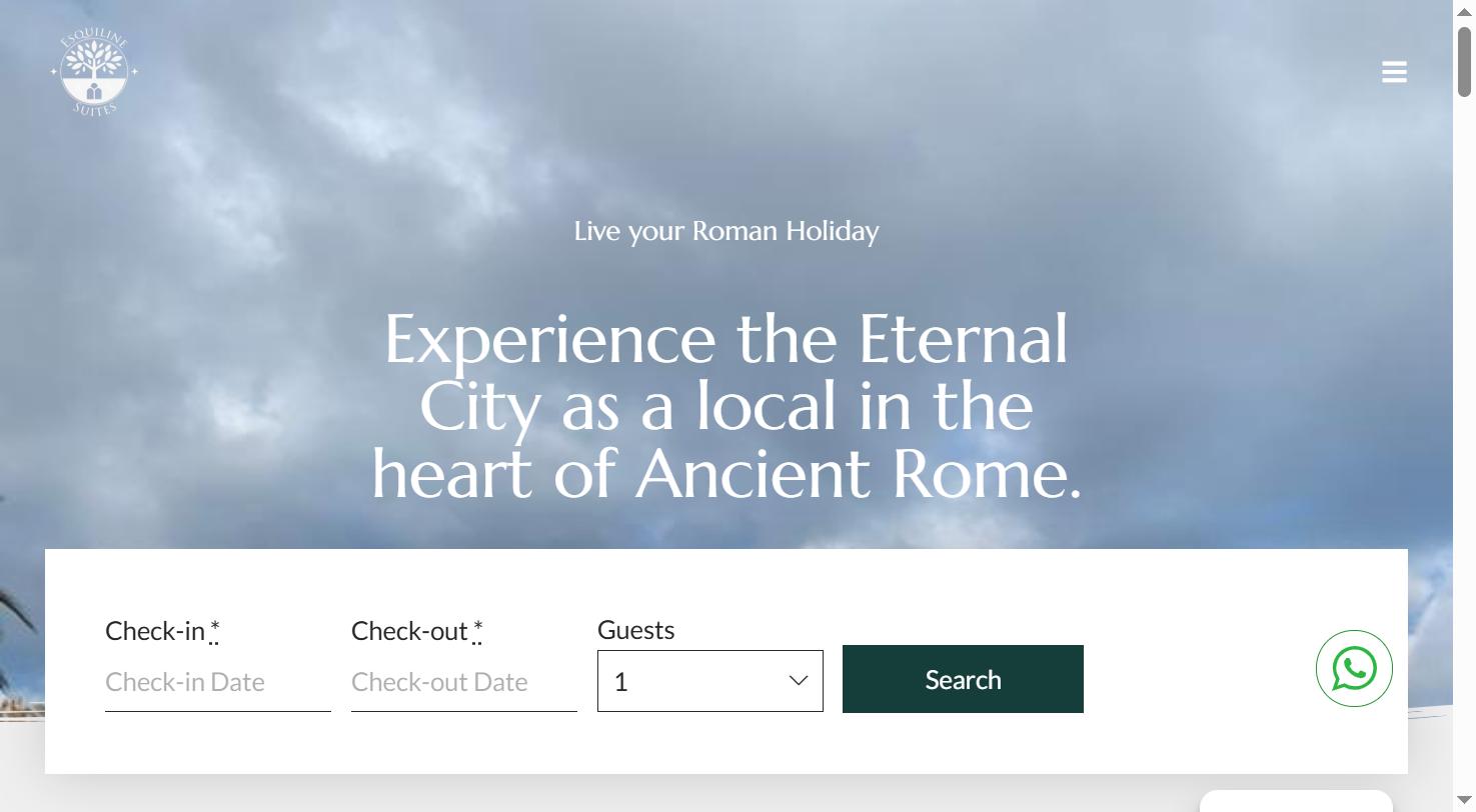 Home di Esquiline Suites: cielo sopra Roma, titolo in bianco e il modulo di prenotazione con date e numero di ospiti.