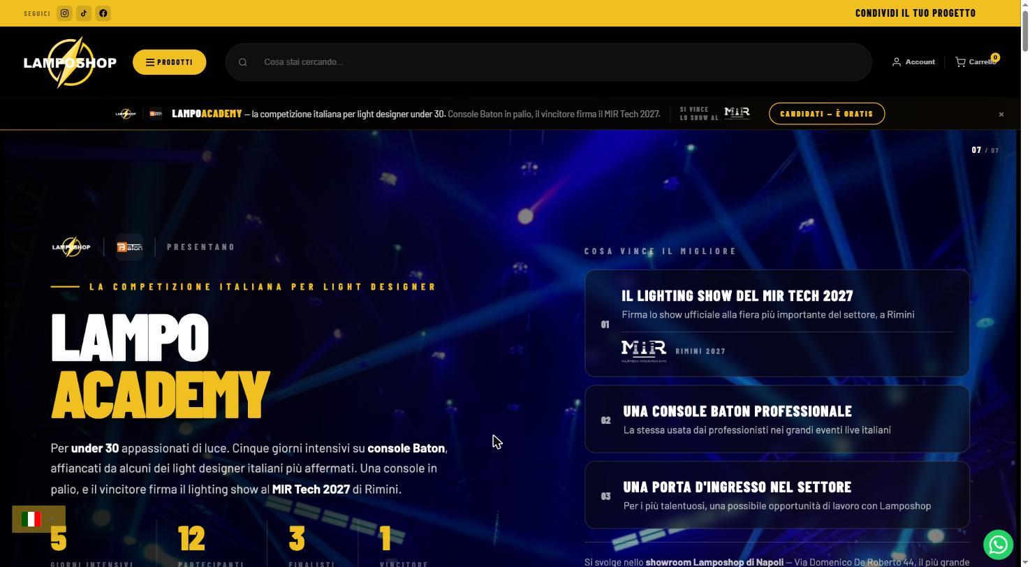 Home di Lamposhop: la competizione Lampo Academy su fondo nero con fasci di luce blu e titolo giallo.