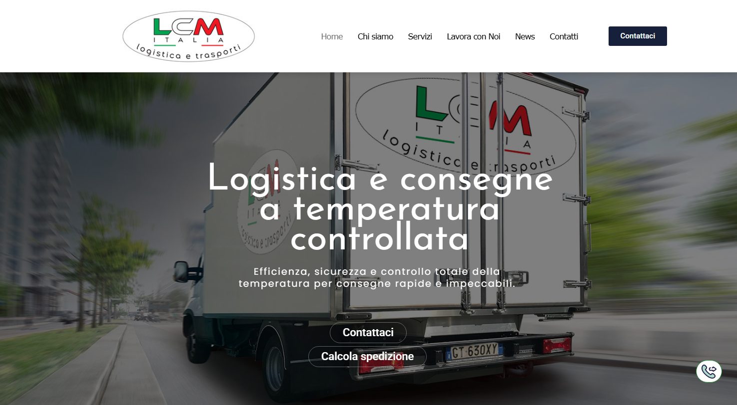 Home di LCM Italia: un furgone frigorifero con il marchio sulla fiancata ripreso in corsa, con il titolo bianco sulla logistica a temperatura controllata.