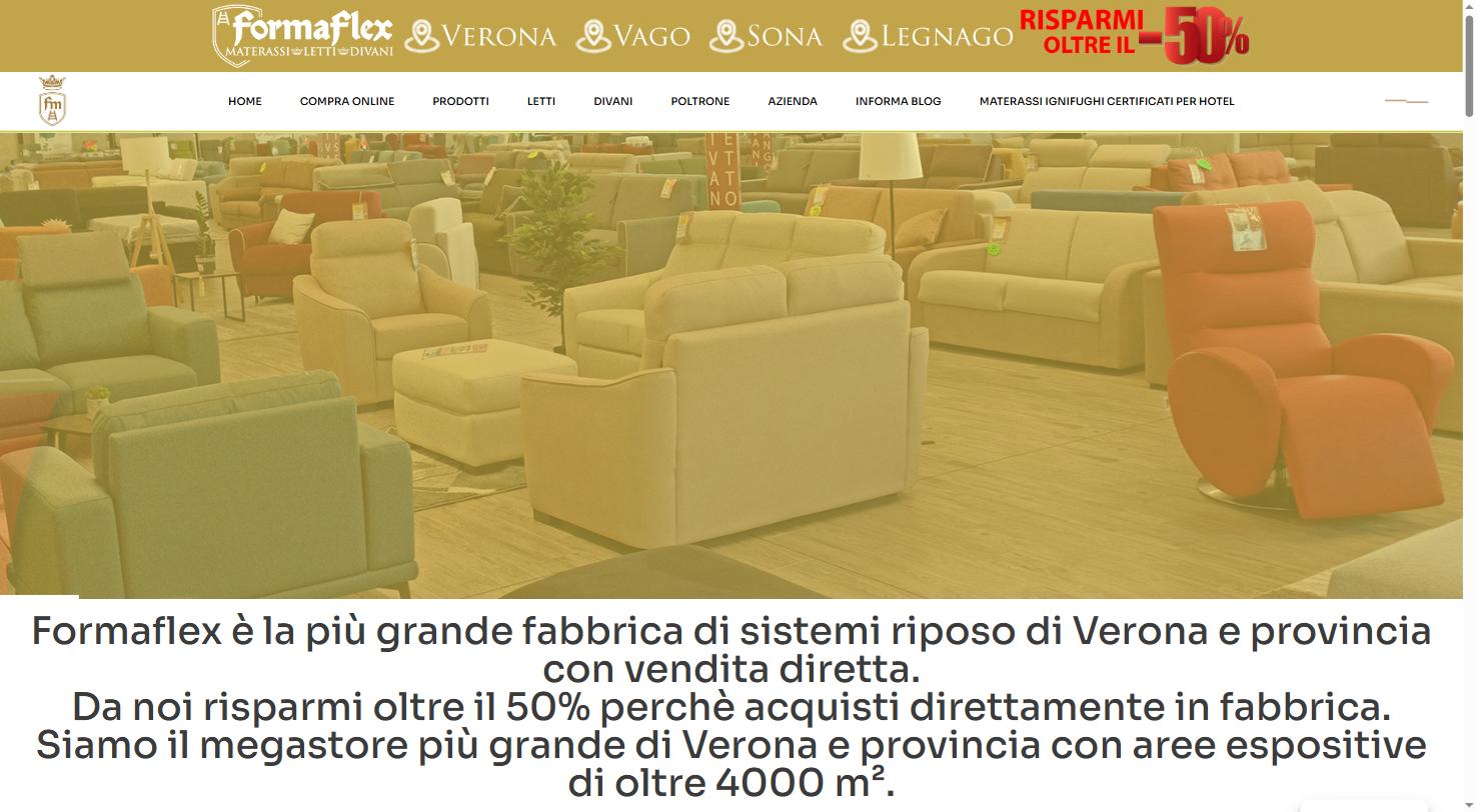 Home di Formaflex Materassi Verona: showroom di poltrone e divani con il testo sulla vendita diretta in fabbrica.
