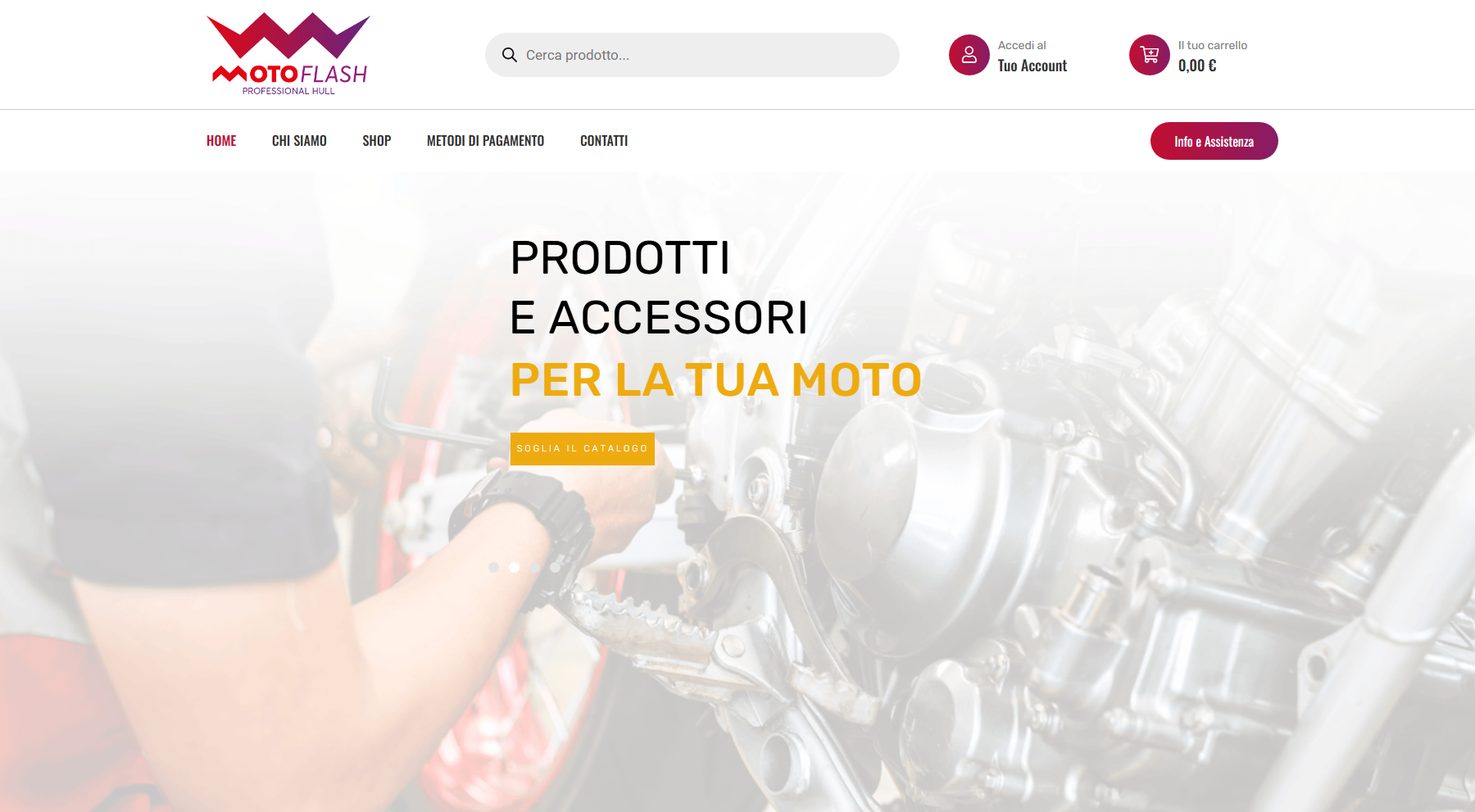 Home di MotoFlash: un meccanico al lavoro sul motore di una moto sportiva, con il titolo «prodotti e accessori per la tua moto» e il pulsante giallo verso il catalogo.