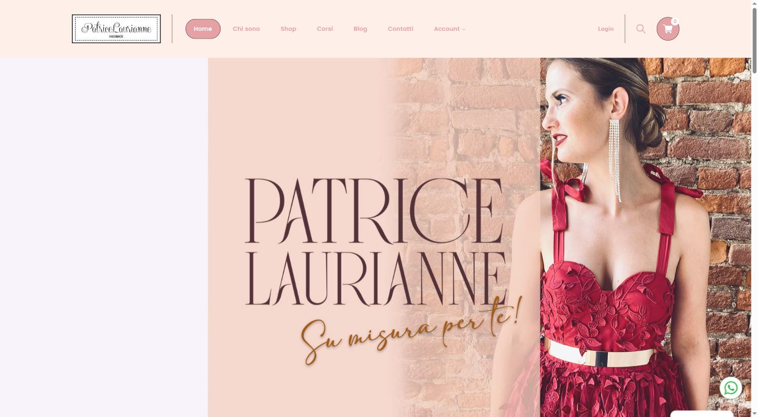 Home di Patrice Laurianne: ritratto di una modella in abito rosso ricamato accanto al logotipo del marchio.