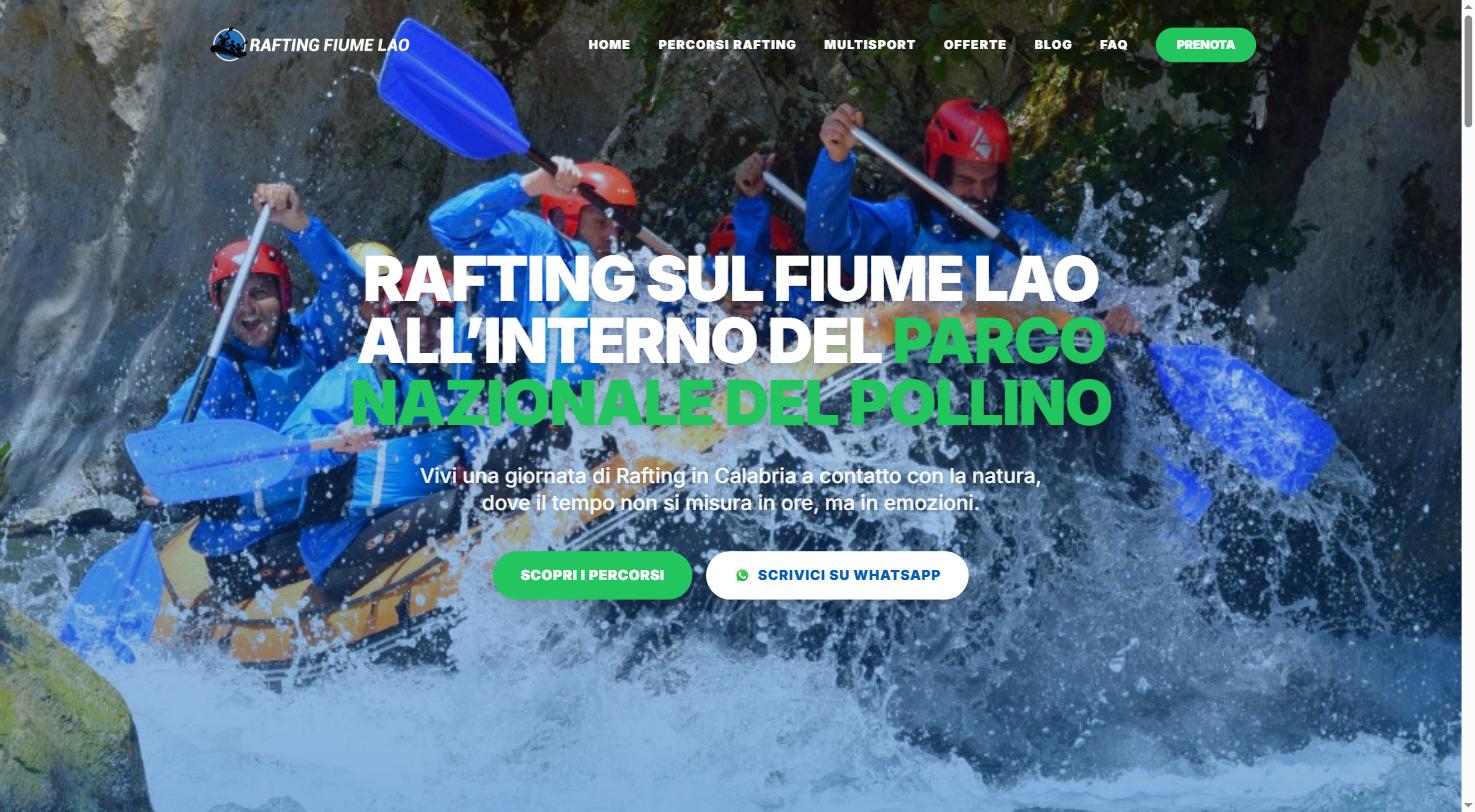 Home di Rafting Fiume Lao: un gruppo in gommone tra gli spruzzi del fiume, con titolo bianco e verde sopra la foto.