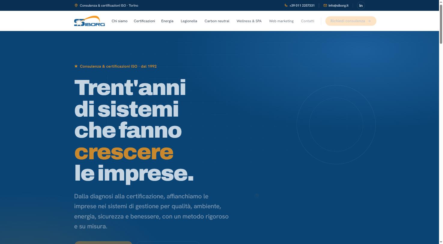 Home di Siborg: titolo bianco e ocra su fondo blu profondo, «Trent'anni di sistemi che fanno crescere le imprese».